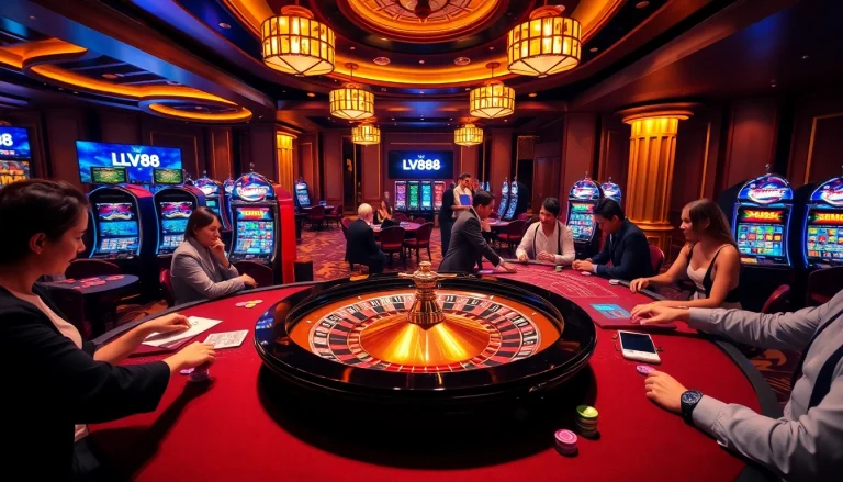 Players engaging in bets at LV88's lively online casino with vibrant tables and a roulette wheel.