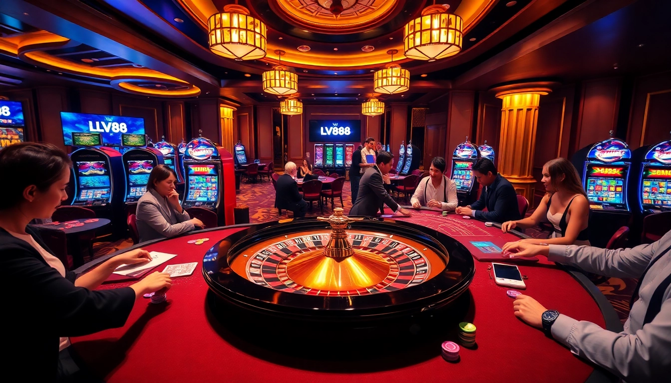 Players engaging in bets at LV88's lively online casino with vibrant tables and a roulette wheel.