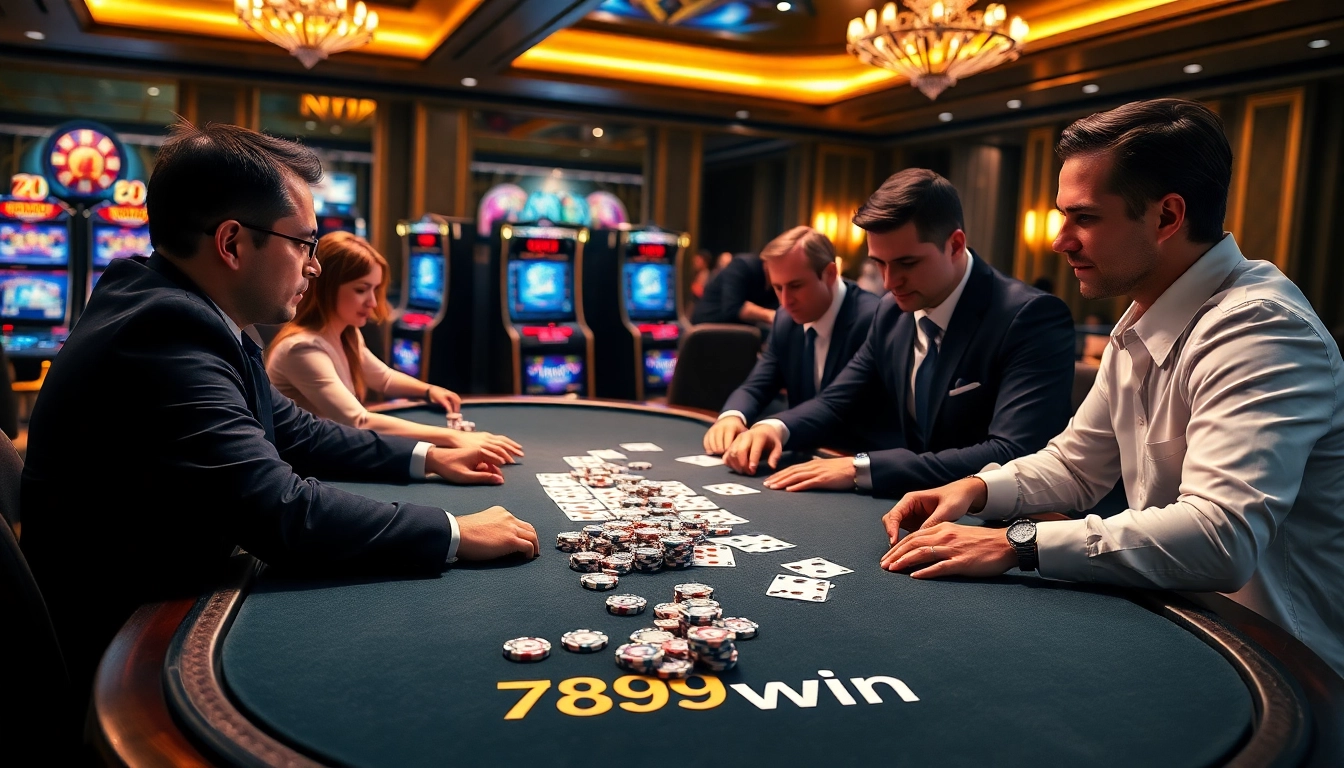 Engaging in high-stakes poker action at a luxurious 789win casino table with vibrant chips and cards.