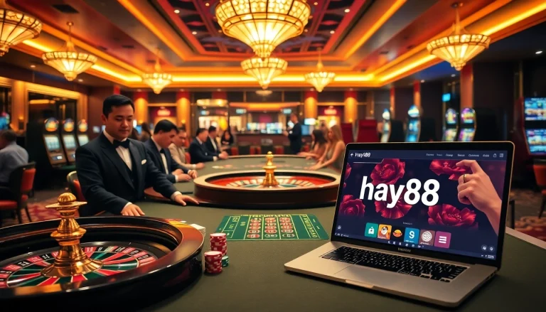 Engaging players enjoying high-stake games at hay88 casino, showcasing excitement and elegance.