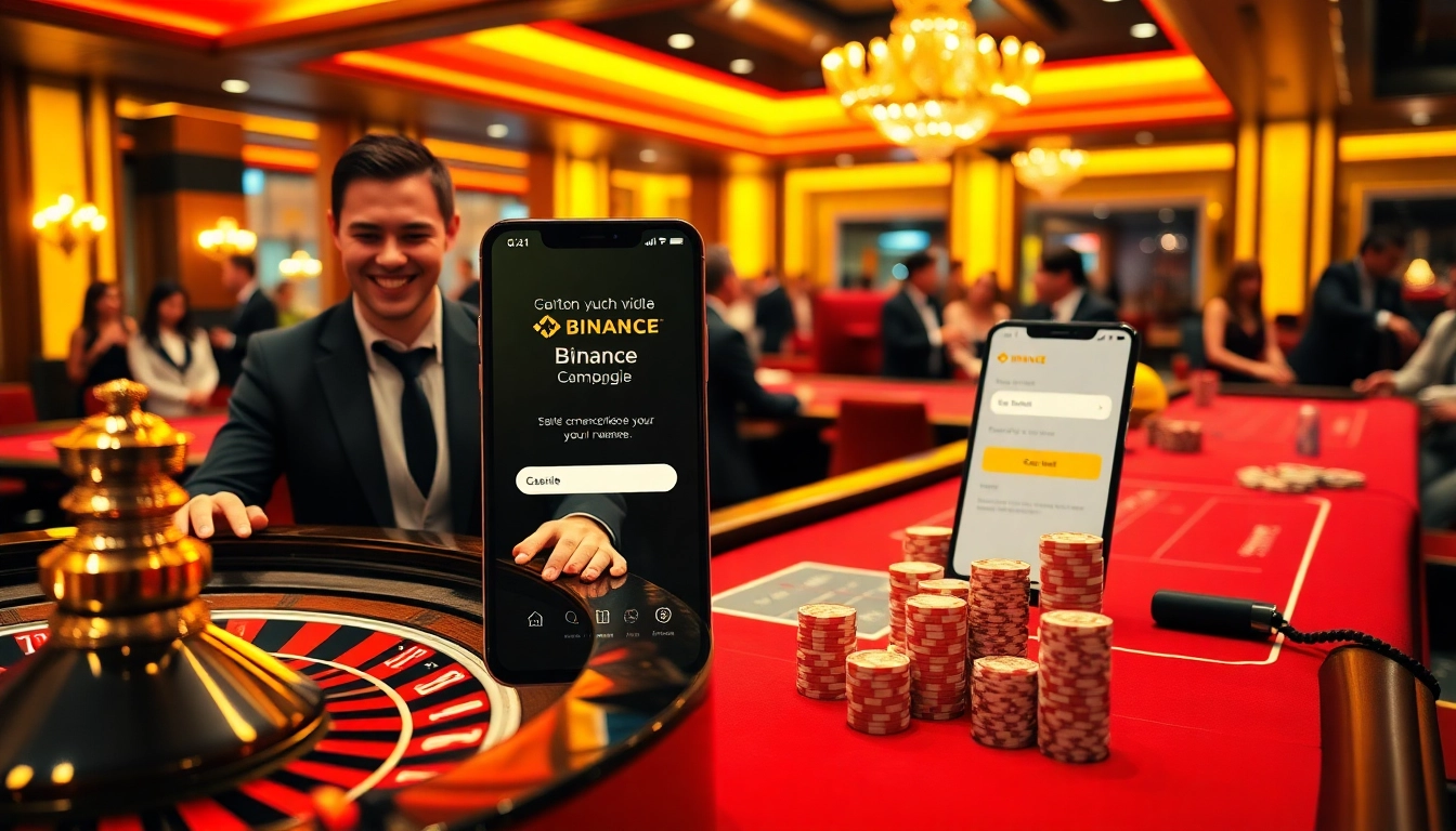 Engage in exhilarating gambling experiences with 바이낸스 회원가입, featuring a luxurious casino table and digital interfaces.