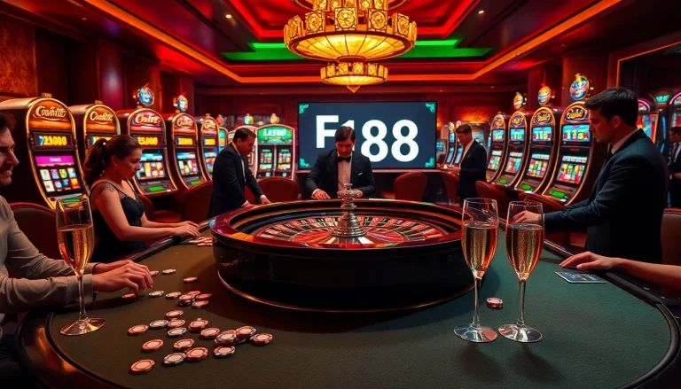 Players engaged in high-stakes roulette at a glamorous casino featuring F168.
