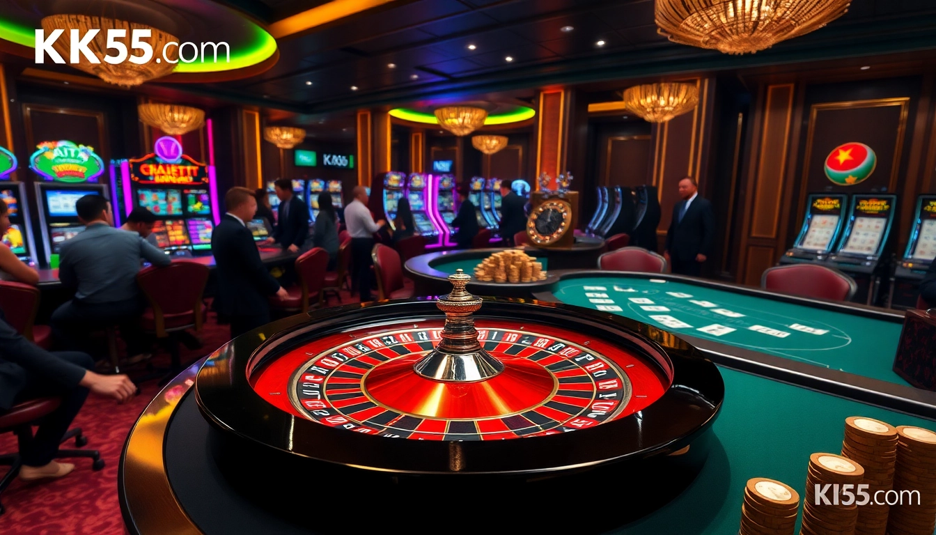 Engage with thrilling gameplay at KK55.com while enjoying a vibrant casino atmosphere filled with roulette and slot machines.