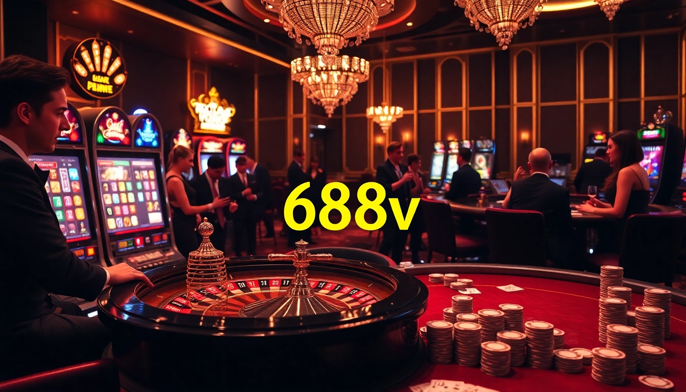 Experience the thrill of betting at 688v with vibrant casino games, roulette wheels, and poker tables.