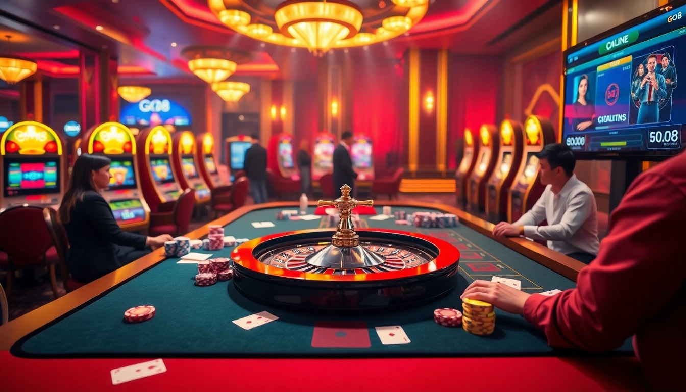 GO8 casino scene showcasing vibrant roulette wheel and engaging players.