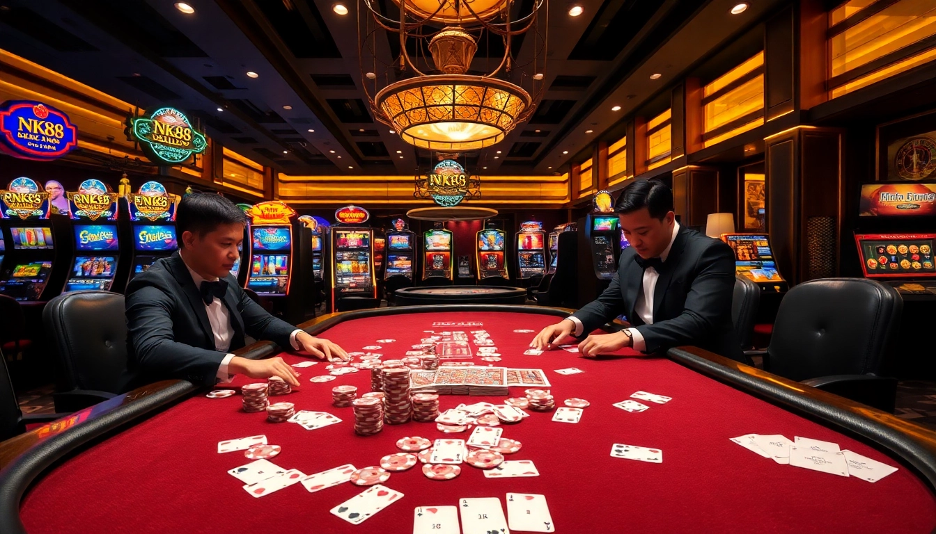 Players enjoying the exhilarating gaming experience at NK88 casino, featuring vibrant poker chips and slot machines.