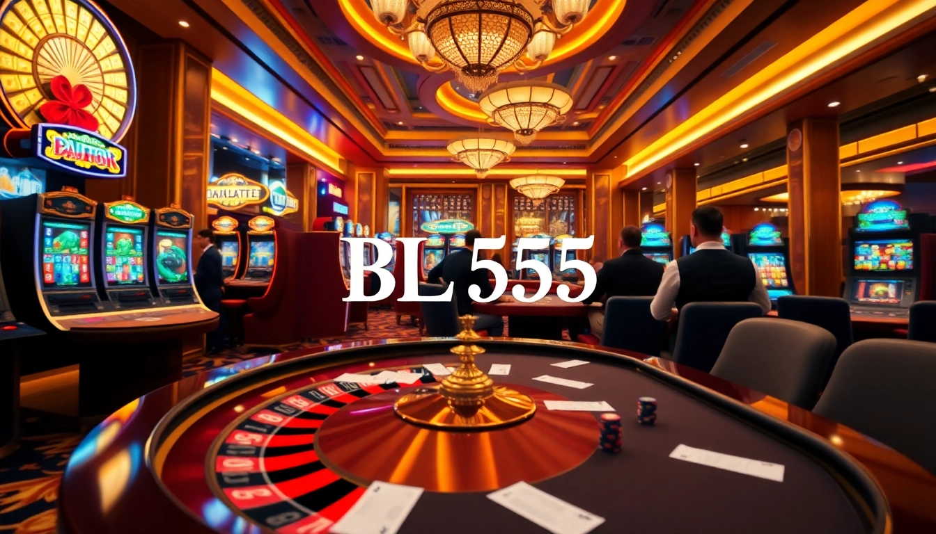 Players enjoying various games at BL555's upscale casino, featuring roulette, slots, and poker tables.