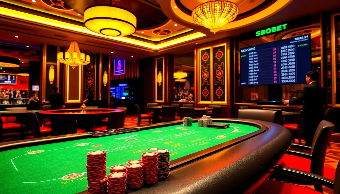 Experience the excitement of SBOBET login with a luxurious casino scene filled with vibrant gaming elements.
