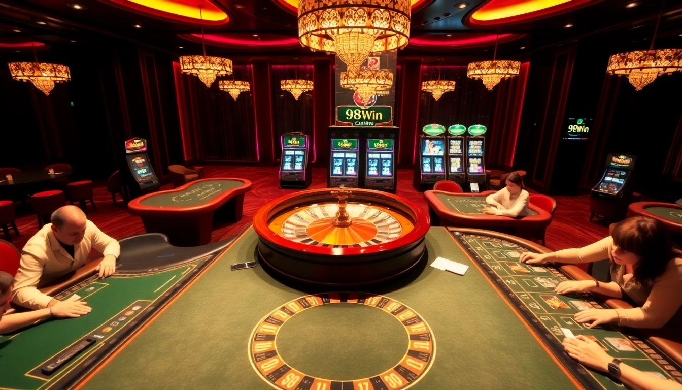 Engage with high-stakes gambling at 98Win, featuring luxurious tables and thrilling slot machines.