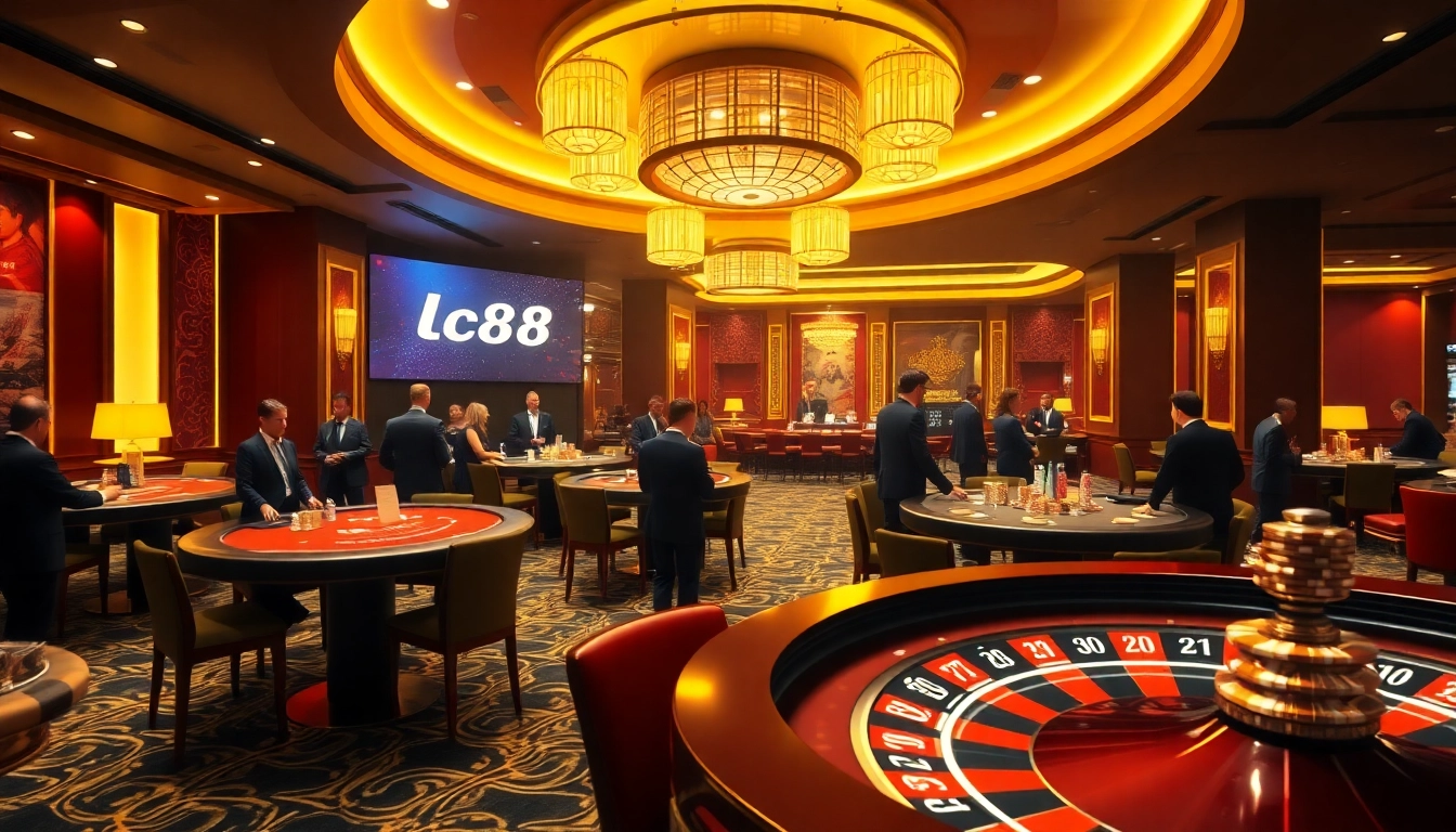 Experience luxury gambling at LC88 with a vibrant casino floor featuring gaming tables and rich colors.