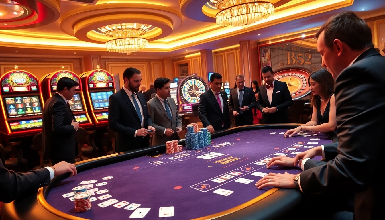B52 casino players enjoying an intense blackjack game with vibrant slots and luxury decor.