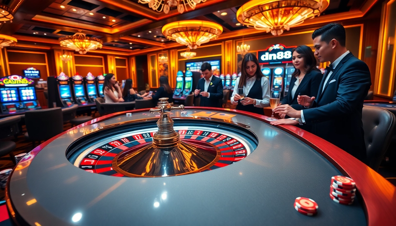 Experience the thrill of high-stakes gambling at a luxurious casino, featuring dn88 slots and poker chips.