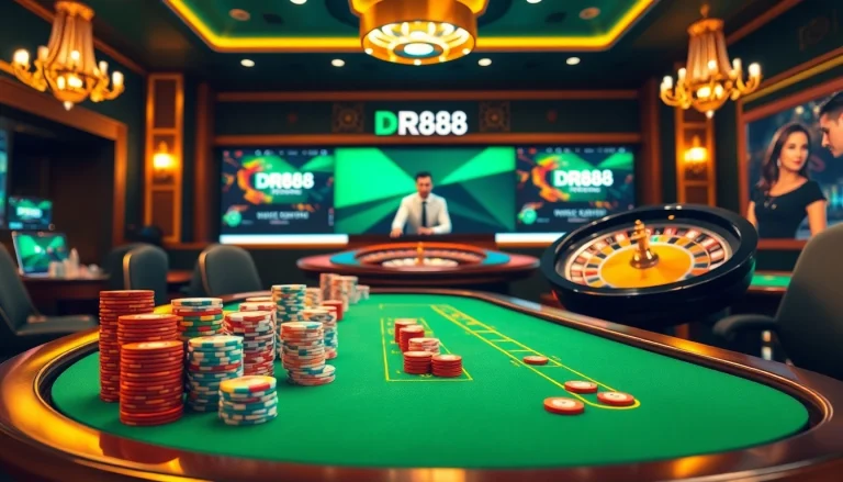Experience thrilling gameplay at DR88's luxurious online casino with vibrant gaming tables and winning opportunities.