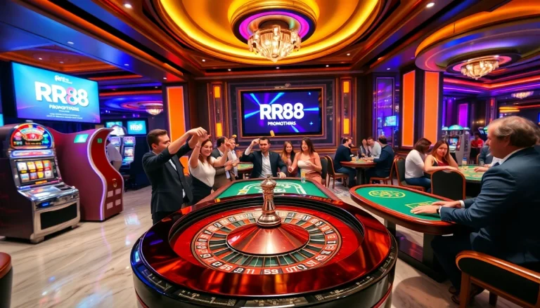 RR88 players enjoying an exciting casino experience at the roulette table and slot machine.
