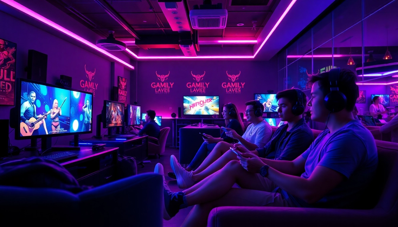 Engaging scene of young adults playing porn games in a modern gaming lounge.