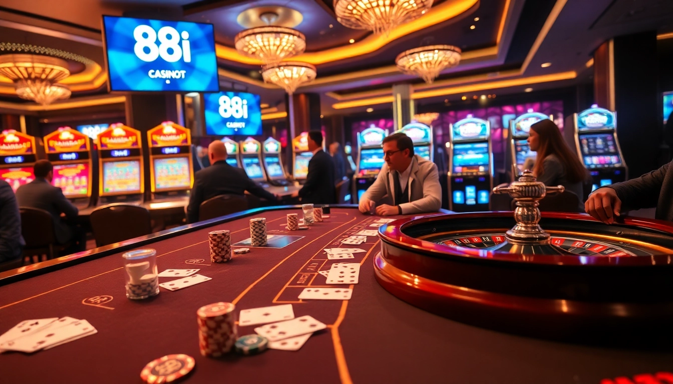 Players enjoying the thrill of online gambling with 88i in a luxurious casino setting.
