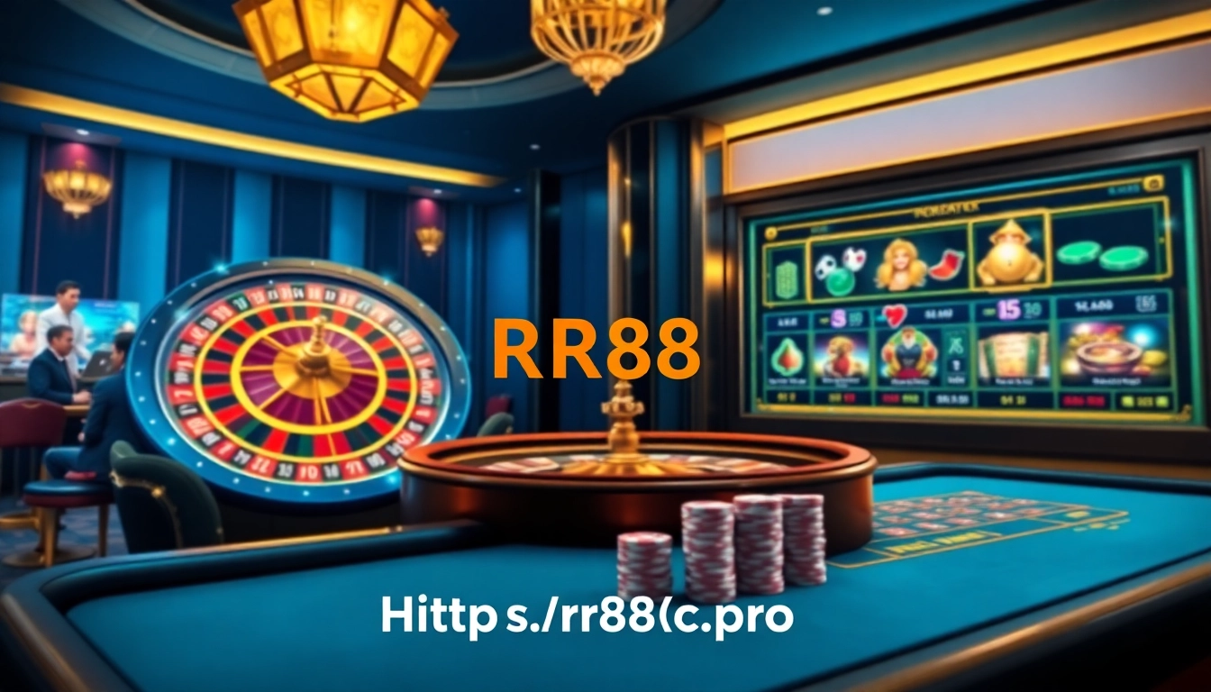 Experience gambling thrills at https://rr88c.pro/ with a luxurious casino scene featuring roulette and poker.