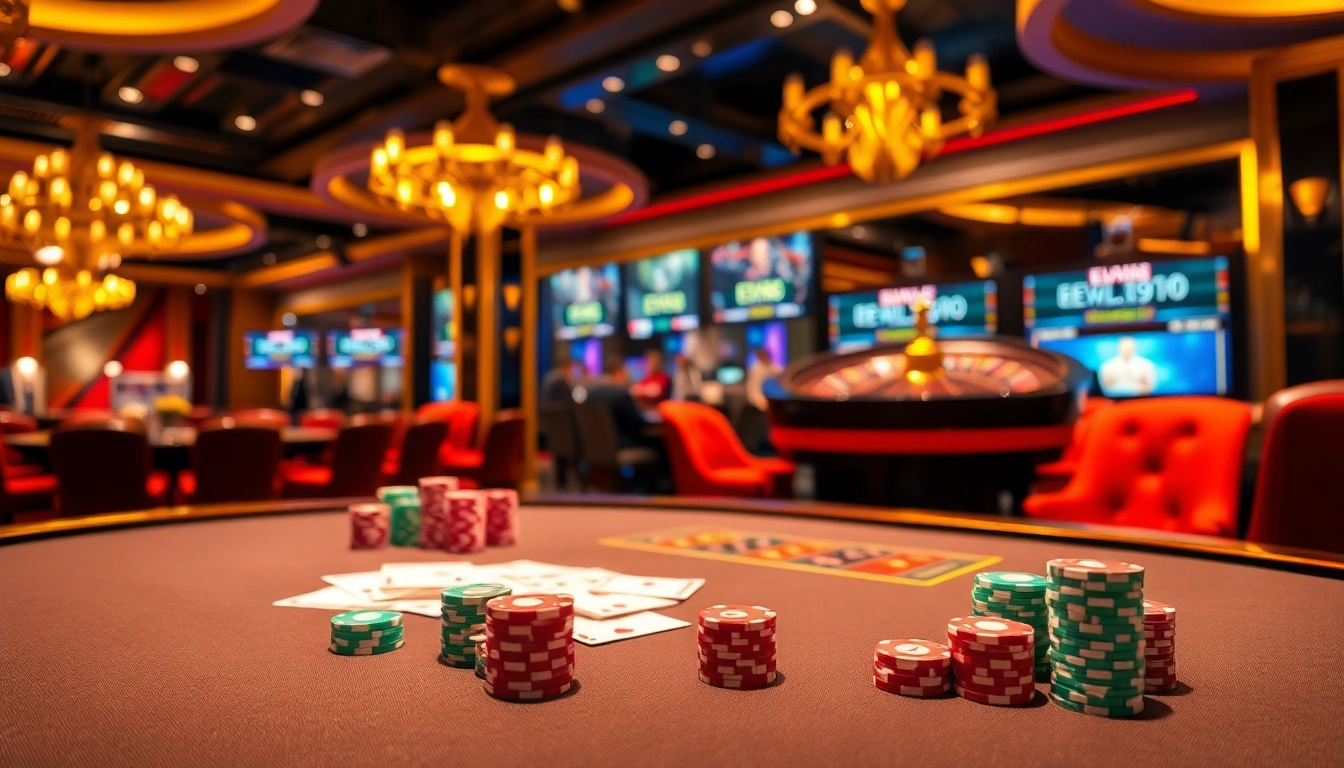 Ev88 gaming table with poker chips and cards in a luxurious casino atmosphere.