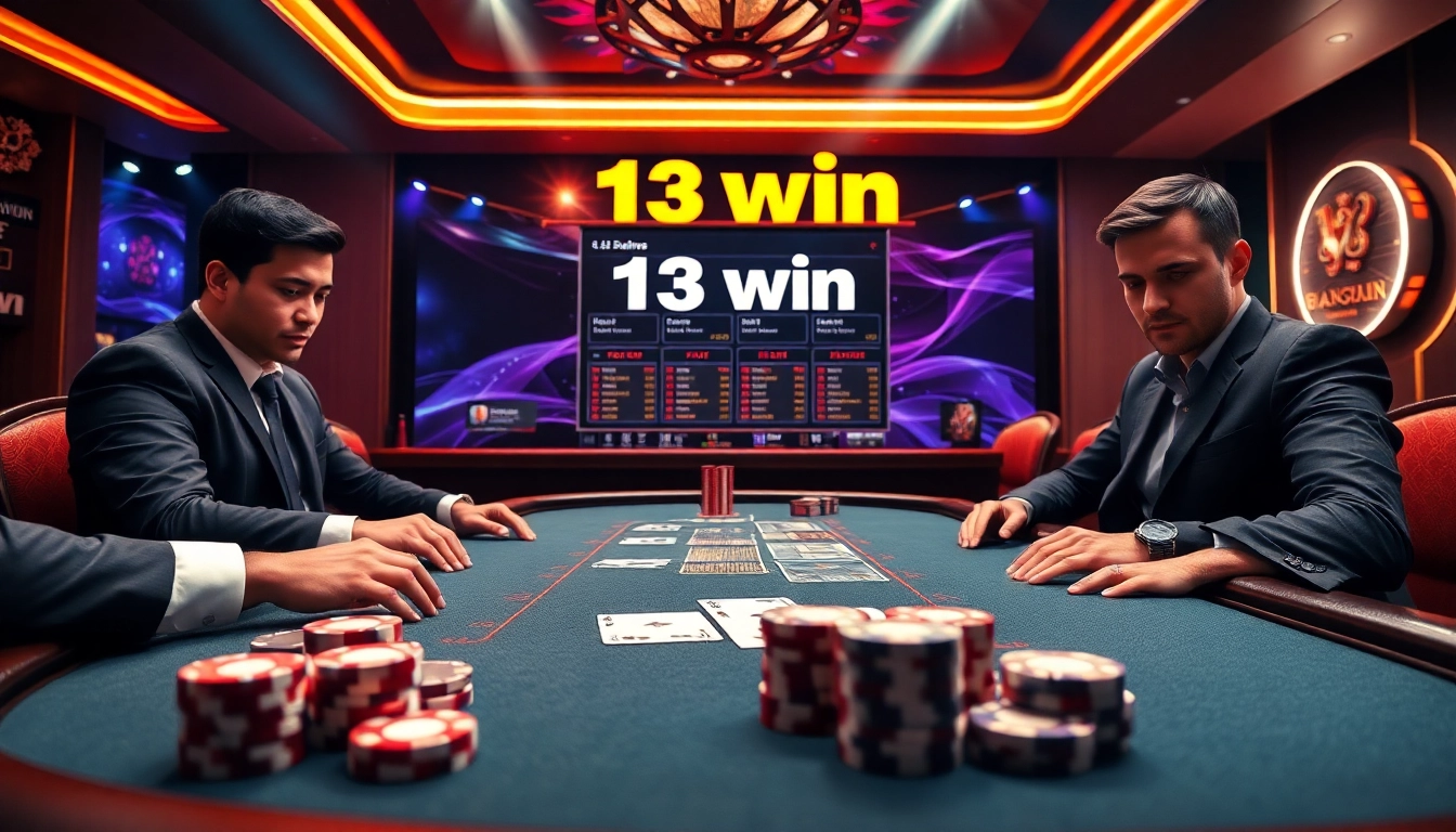 Players enjoying high-stakes poker at 13win's luxurious online casino platform.