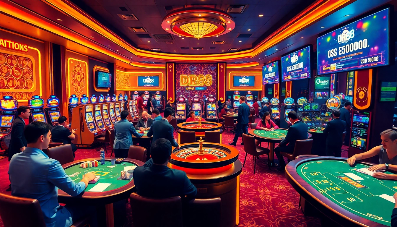 Players enjoying various games at DR88 casino, featuring vibrant slot machines and poker tables.