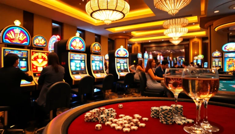 Players enjoying Nổ Hũ slot machines in a luxurious casino setting, surrounded by excitement.