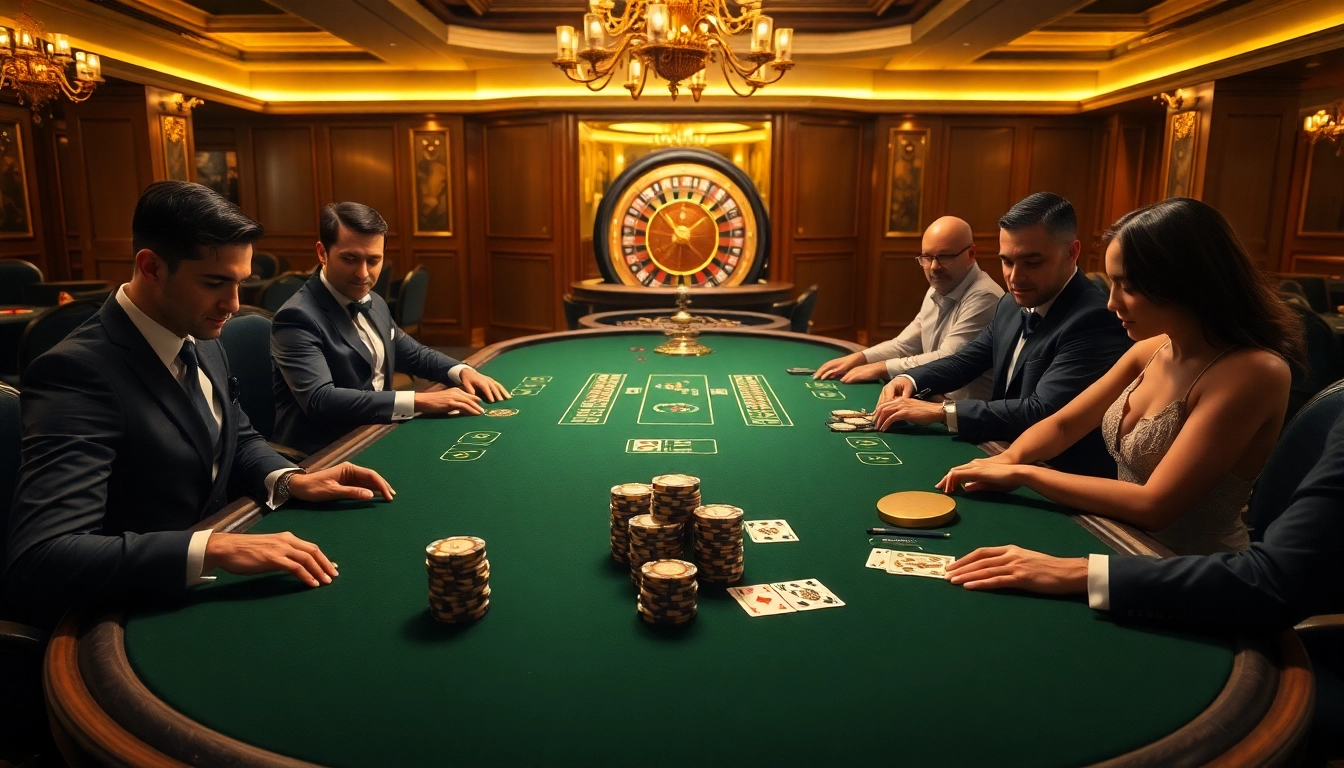 Febet poker table scene showcasing high stakes and excitement in a luxurious casino.