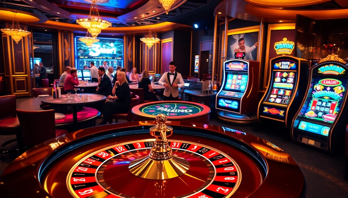 33win showcases a vibrant and luxurious casino environment with players enjoying roulette and poker tables.