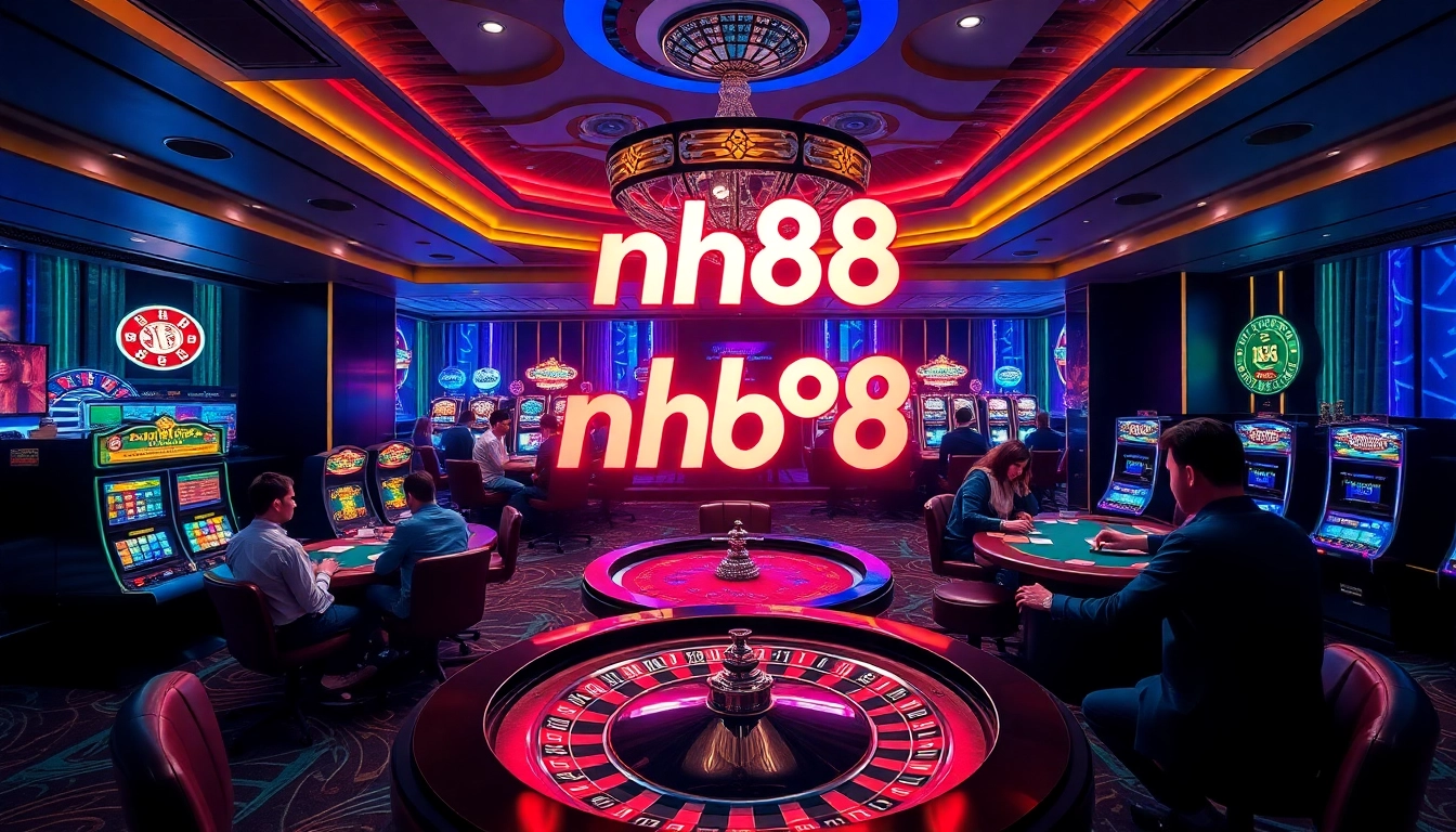 Players engaging in thrilling casino games at nh88, surrounded by vibrant slots and roulette.
