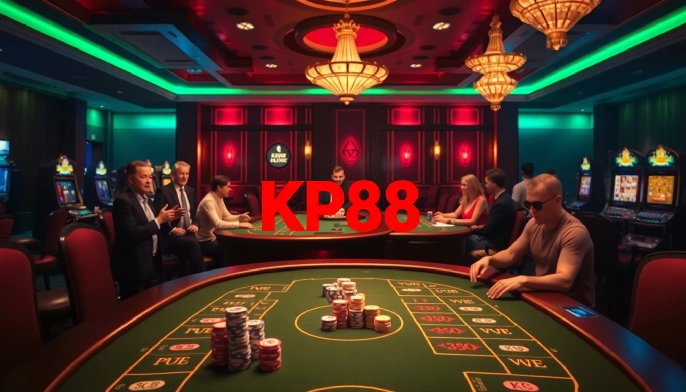 Gamble strategically at KP88 with casino tables, poker chips, and focused players.