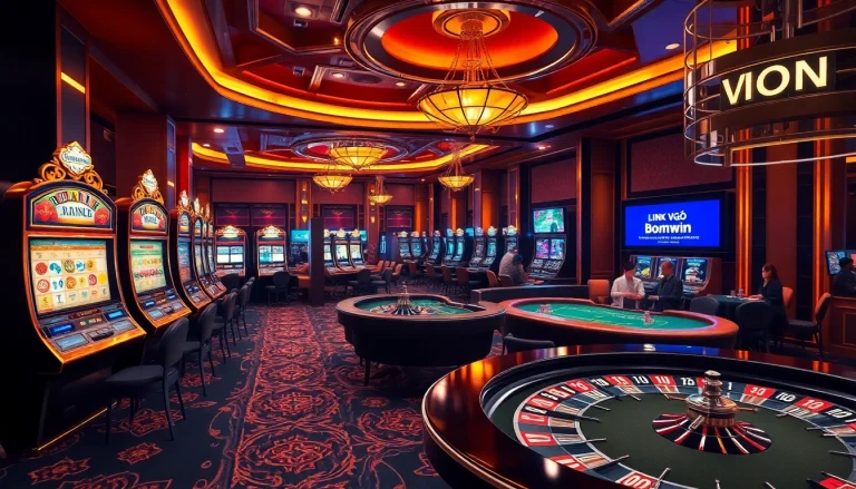 Exciting casino scene featuring LINK VÀO Bomwin with poker tables, slot machines, and dice rolling.