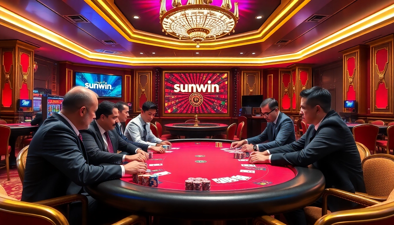Players enjoying a poker game at sunwin's luxurious casino, highlighting excitement and strategy.