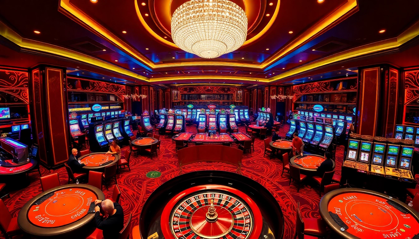 Excited players engaging at the J88 casino tables, surrounded by vibrant slot machines.