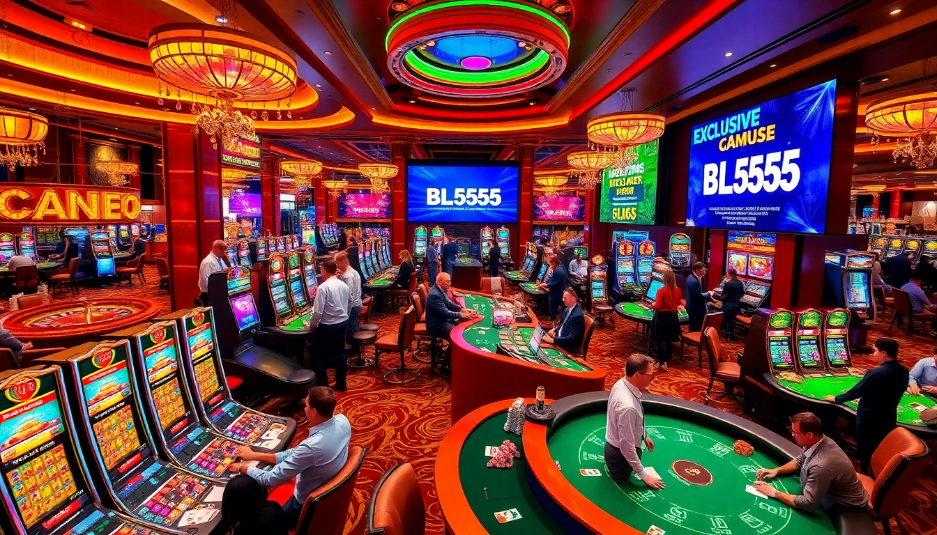 Players enjoying various games at BL555's luxurious casino, featuring vibrant slot machines and poker tables.