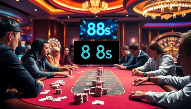 High-stakes poker game in a luxurious casino showcasing the excitement of 8s.