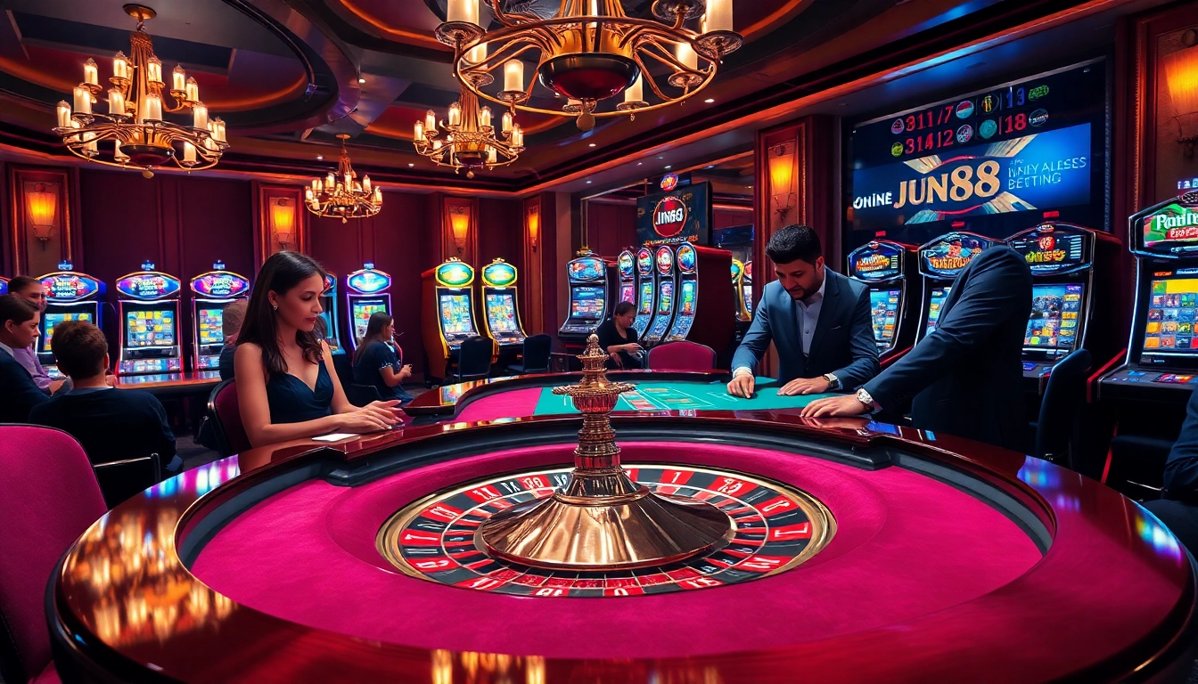 Players engaging at a Jun88 casino table, showcasing excitement in a luxurious setting.