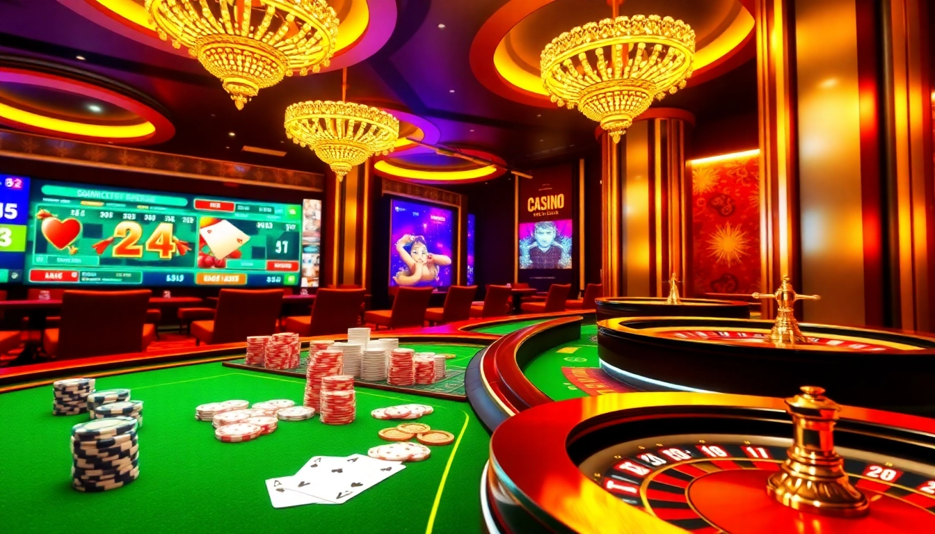 Interactive online gambling experience at https://mk8th.net/ showcasing poker chips, roulette wheels, and vibrant atmosphere.