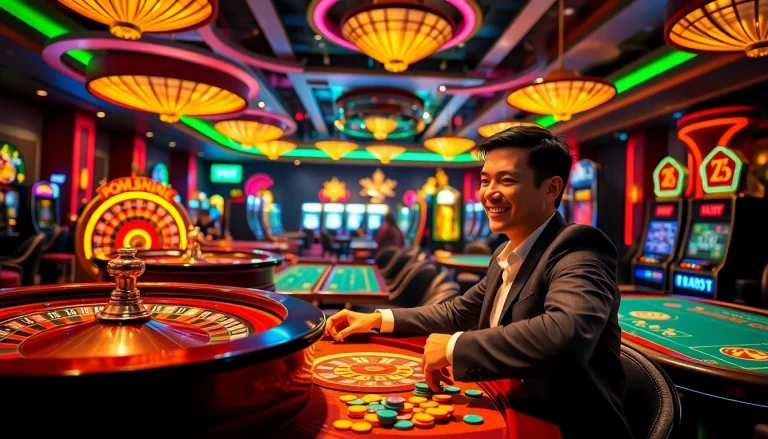 Excited players at a vibrant casino scene, illustrating their đăng ký okfun experience with colorful gaming elements.