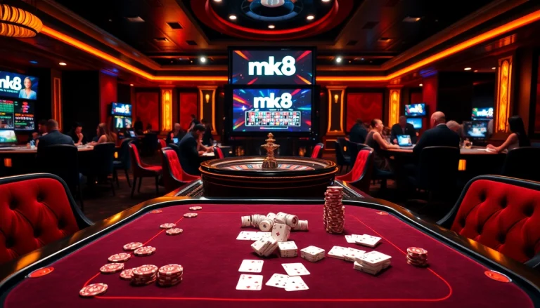 Players enjoying mk8 casino games at a glamorous gaming table with poker chips and roulette.
