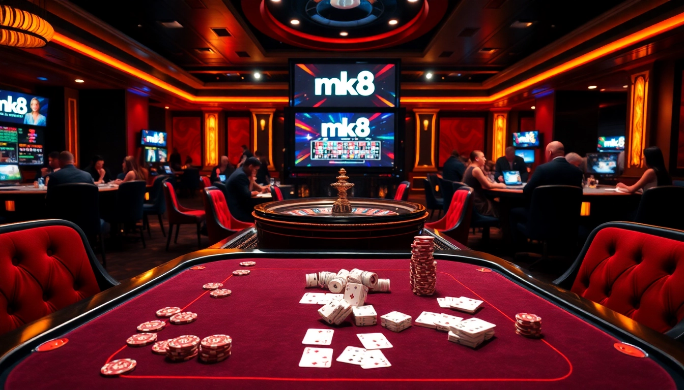 Players enjoying mk8 casino games at a glamorous gaming table with poker chips and roulette.