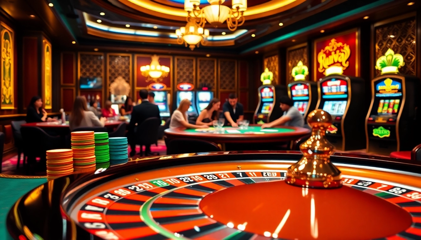 Experience the thrill of fun79 at a luxurious casino with poker chips and a roulette wheel.