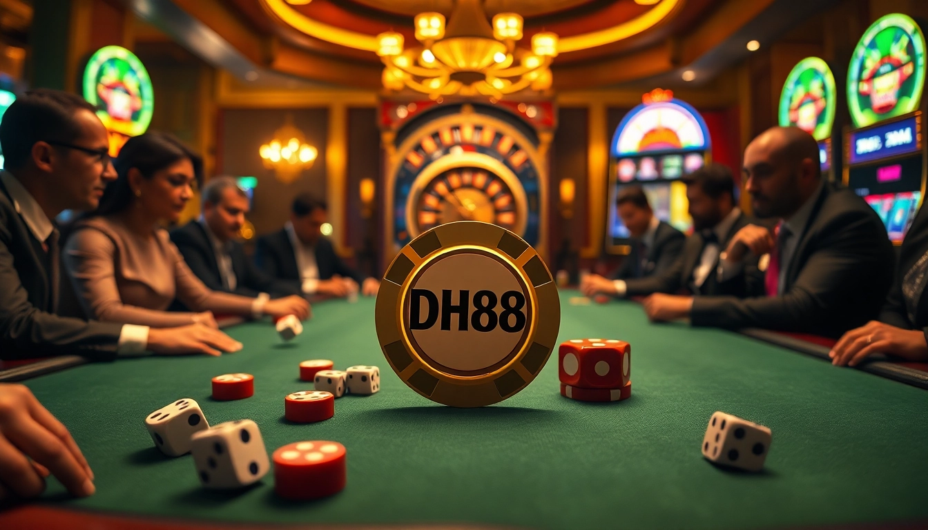 Players engaging in a thrilling poker game with DH88-themed chips and vibrant casino elements.