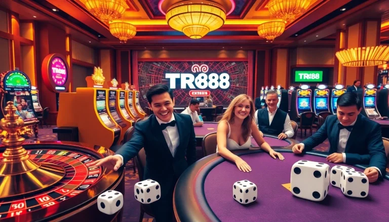 Experience the thrilling ambiance of TR88 casino with players enjoying vibrant slot machines and a roulette wheel.