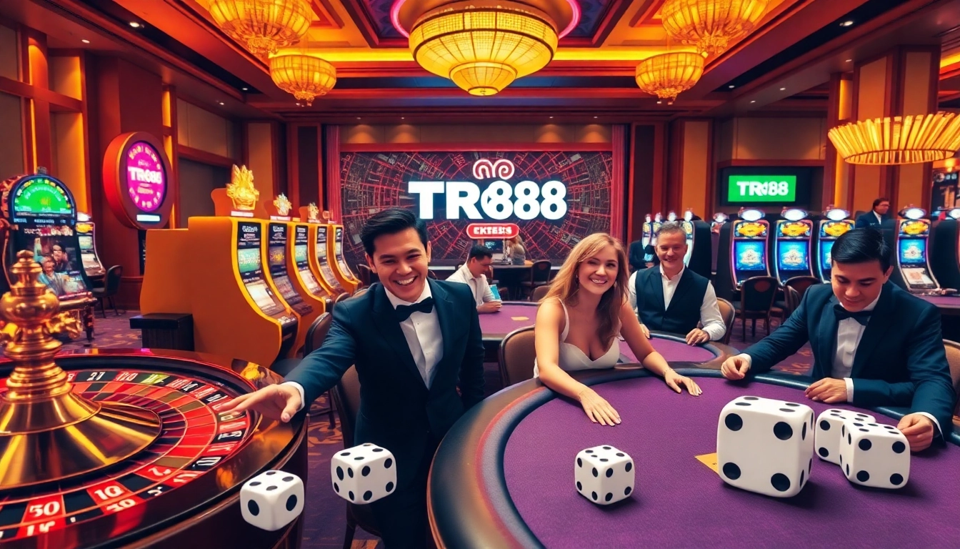 Experience the thrilling ambiance of TR88 casino with players enjoying vibrant slot machines and a roulette wheel.