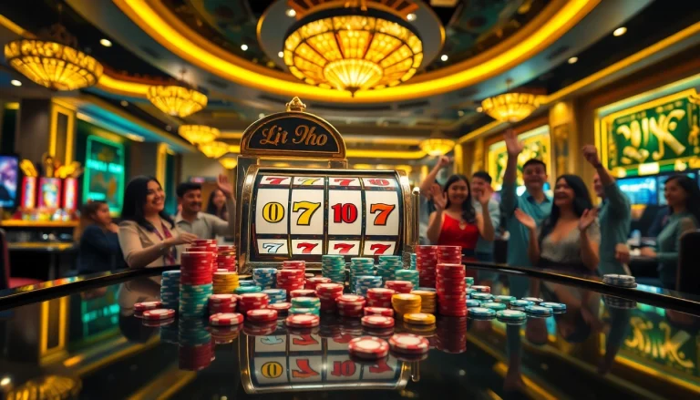 Players winning at the exciting nổ hũ slot machine in a vibrant casino setting.
