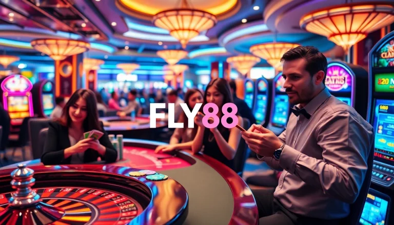 FLY88 đăng nhập: Players enjoying a luxury casino experience with roulette, poker, and slot machines.