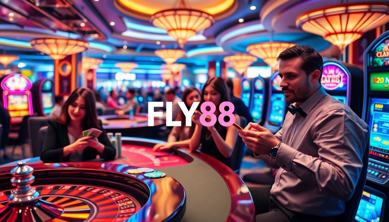 FLY88 đăng nhập: Players enjoying a luxury casino experience with roulette, poker, and slot machines.