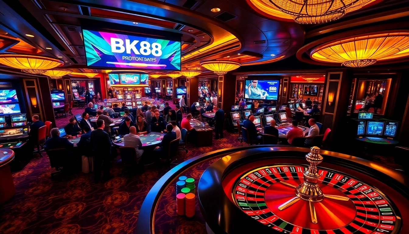Players enjoying bk88 casino games at a luxurious table with vibrant chips and roulette wheel.