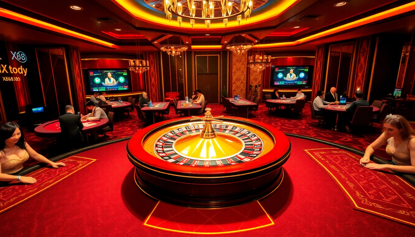 Experience luxury gambling with XX88.today in this vibrant casino scene featuring roulette and poker.