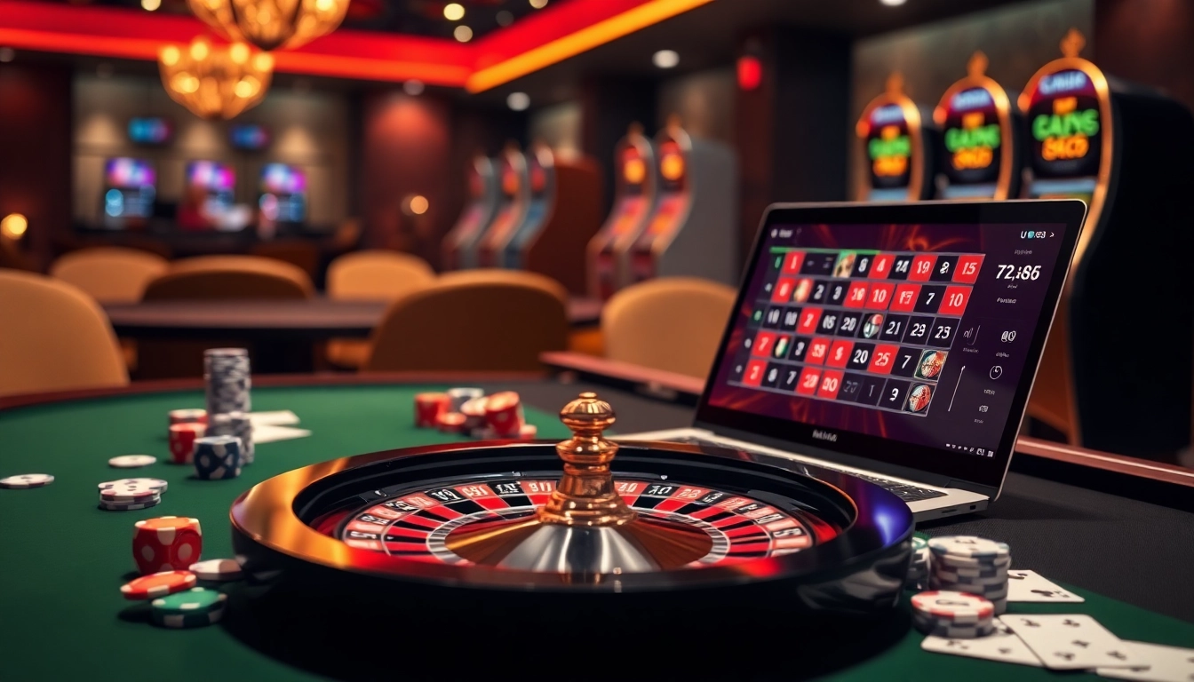 An exciting online gambling scene at https://urr88.com/ with roulette and poker elements, showcasing luxury and thrill.