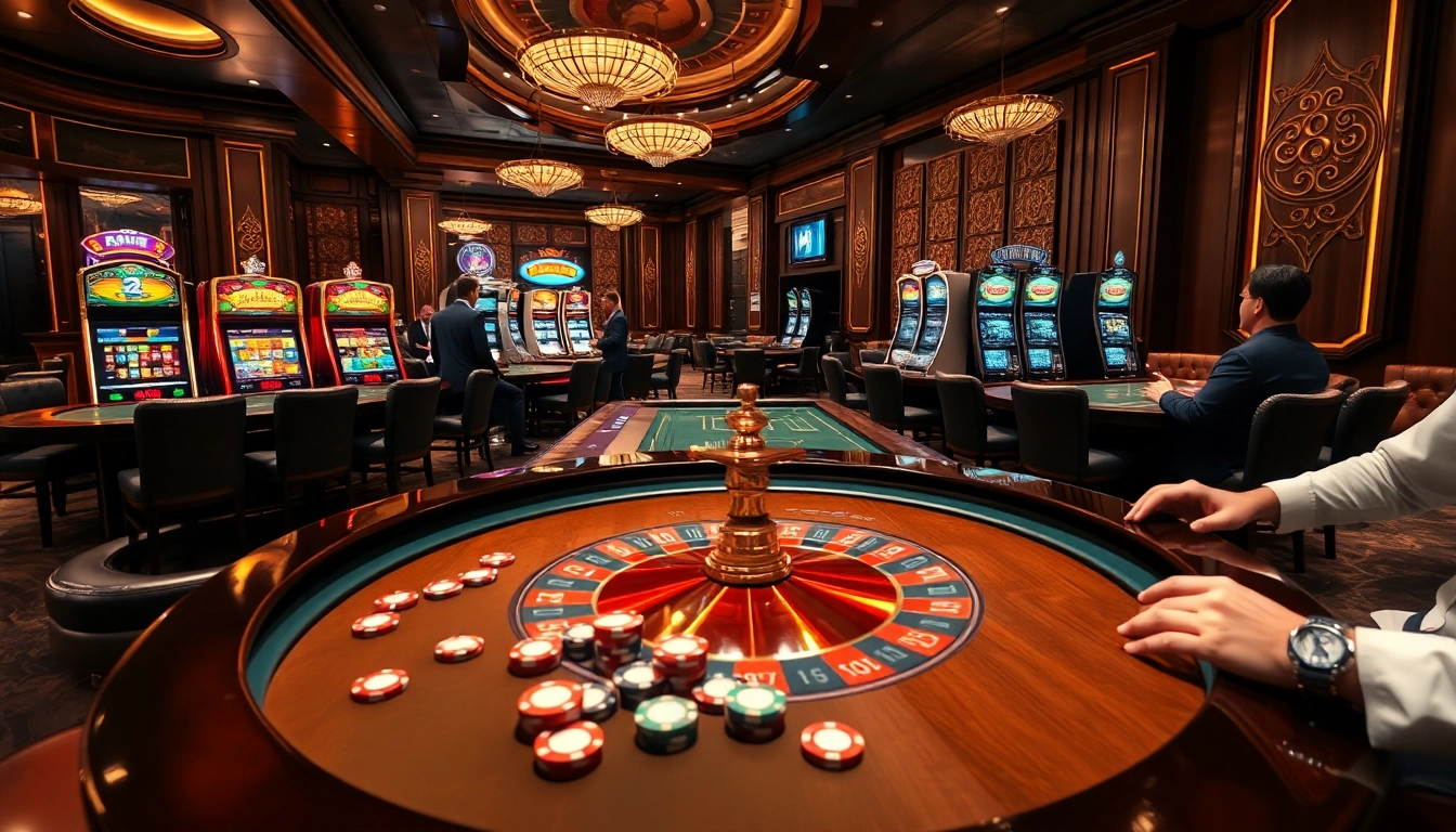 Players enjoying a thrilling game at nhà cái U888 casino, surrounded by roulette tables and slot machines.